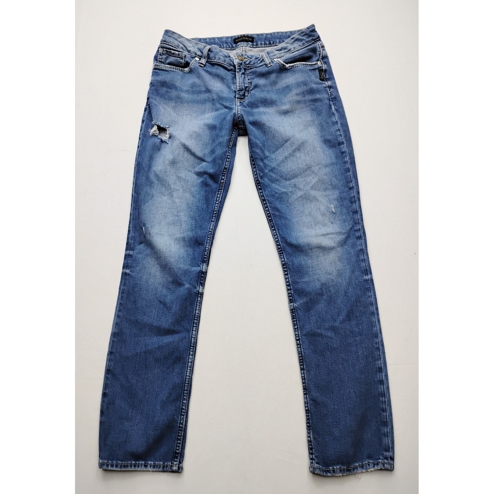 Silver Suki Straight Womens 29x30 Blue Low Rise Jeans Embroidered Pockets